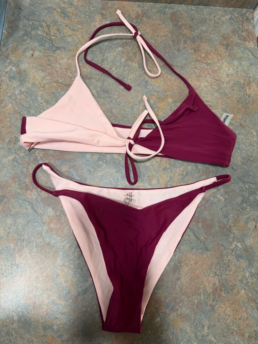 SHEIN Two-Tone Light Pink & Burgundy Triangle Bikini Set